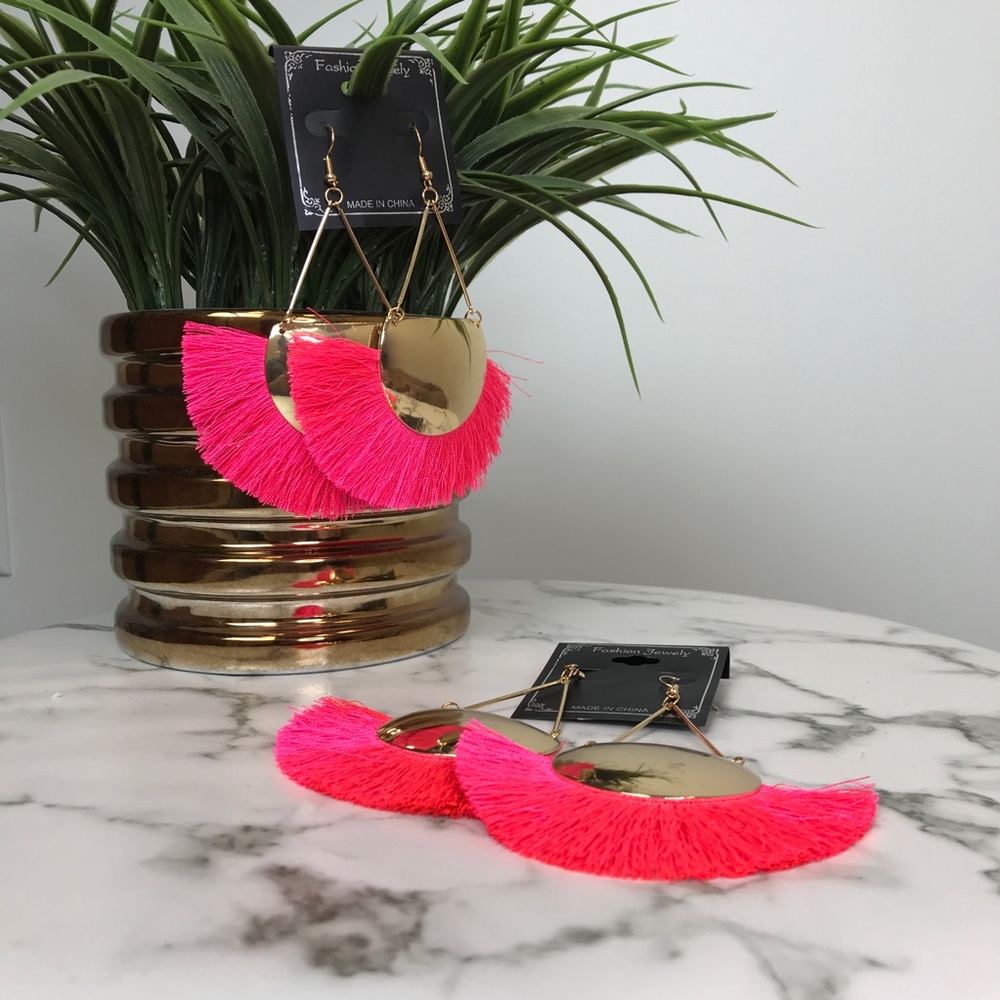 ‼️ Neon Hot Pink Thread Fan Earrings Boho Style